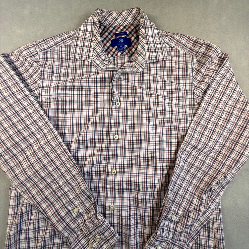 Egara Mens Non-Iron Plaid Button Down Shirt Red White Blue Cotton Size M